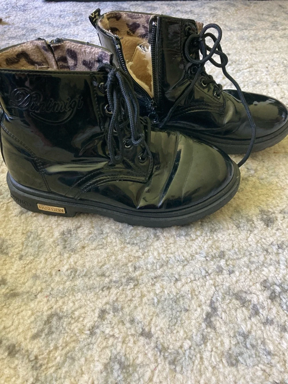 Girls Black Patent Lace-Up Ankle Boots